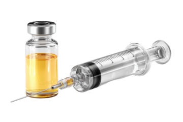 A set of digitally rendered 3D morphia ampoules and syringes with stainless steel needles isolated on a transparent background