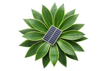 PNG Solar panel on green agave plant leaves, sustainable energy concept