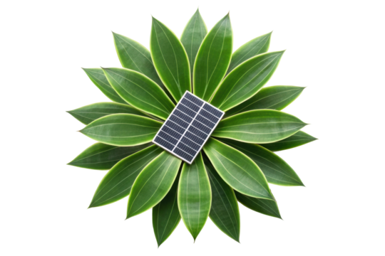 PNG Solar panel on green agave plant leaves, sustainable energy concept