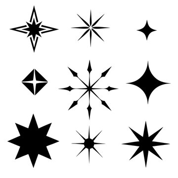 Collection of nine black star and snowflake shapes