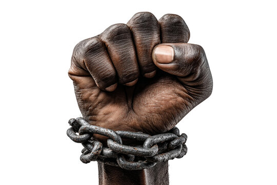A set of dynamic Juneteenth fists breaking chains, representing resilience and freedom with dramatic detail isolated on a transparent background