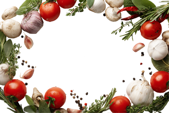 Circular Frame of Fresh Tomatoes, Mushrooms and Herbs on Transparent Background, PNG