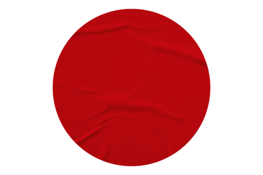 red circle sticker with crumpled edges. Wrinkled round paper isolated on transparent background.