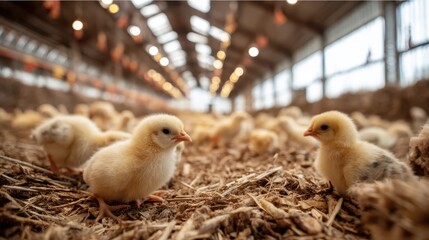 Yellow baby chicks inside a poultry farm house