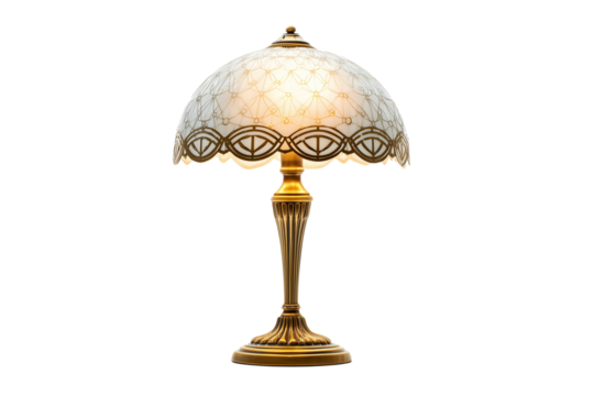 A set of elegant Art Deco table lamps featuring geometric designs and frosted glass shades isolated on a transparent background