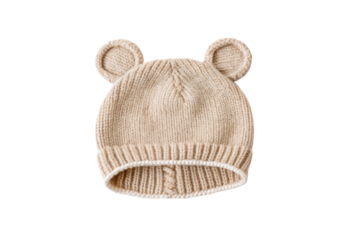 PNG Beige knitted baby hat with bear ears on black background