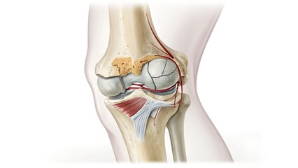 Detailed Anatomical Illustration of Human Knee Joint Highlighting Bone Structure, Inflammation, and Tissue Damage for Medical Study