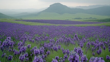 Fototapeta premium Vibrant Lavender Field with Purple Blooms Under Soft Light And Distant Mountains