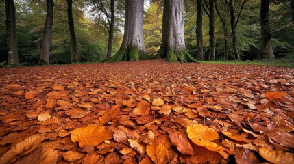 Carpet of Autumn Leaves on Forest Floor with Deciduous Trees in Background