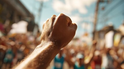 Hand of a runner celebrating with a fist pump while crossing the finish line surrounded by excited crowd