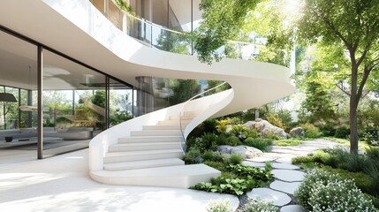 Modern Architecture Blending with Nature, Exterior Design of a Luxurious Villa with a Spiral Staircase and Lush Greenery