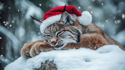 Sleepy Lynx in Santa Hat, Snowy Forest (6)