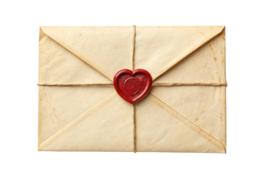 PNG Vintage envelope with red heart wax seal and twine