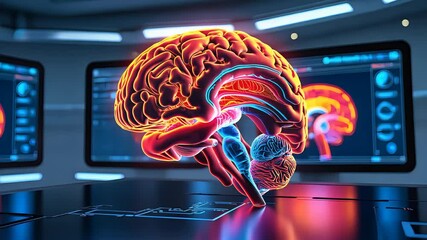 Futuristic brain hologram with glowing lights and digital screens in high tech neuroscience lab - Powered by Adobe