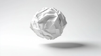 White, abstract, crumpled sphere, 3D model, floating in light