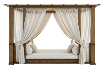 PNG Elegant wooden canopy bed with sheer curtains and cushions