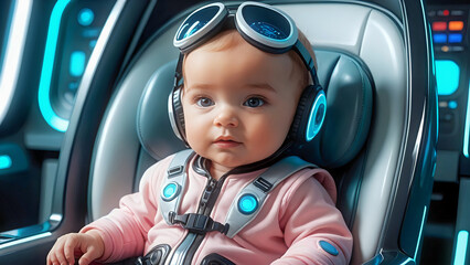 Little girl wearing goggles, sitting in space ship seat. Futuristic flashing illumination background