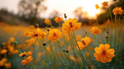 Orange-Toned Sunset Over Vast Flower Field