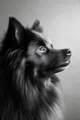 Black and white portrait of a Keeshond dog