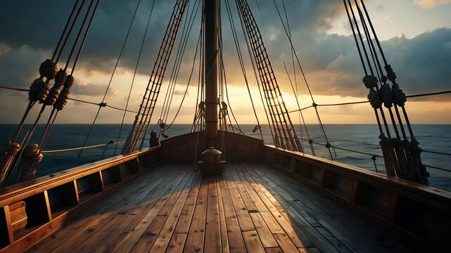 Majestic wooden sailing ship deck at sunset with tall masts and ropes over calm ocean waters under dramatic cloudy sky