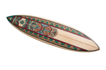 PNG Colorful decorative surfboard with intricate patterns on wooden surface