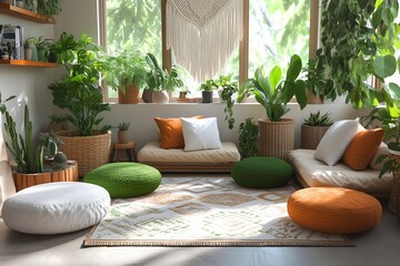 bohemian style living room interior with colorful decor