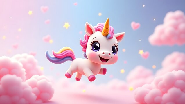 Cute Cartoon Baby Unicorn with Rainbow Mane Flying in Pink Cloudy Sky