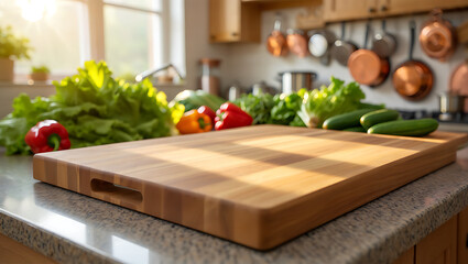 Sunny Kitchen Prep Wooden Cutting Board with Fresh Vegetables