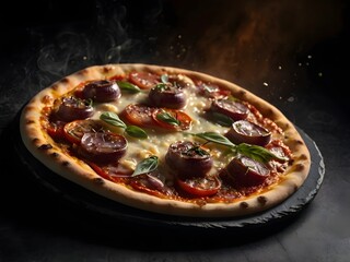 Delicious homemade pizza with red onions and basil