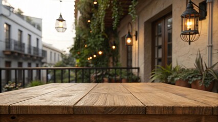 Fototapeta premium Rustic Teak Tabletop Mock-Up, Cozy Barn Balcony Charm, Warm Product Display