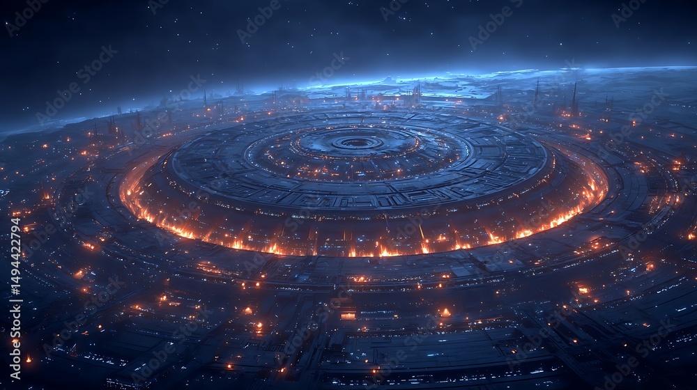 Wall mural futuristic city on a planet with a large circular structure and illuminated lights in space