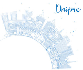 Naklejka premium Outline Dnipro city skyline with blue buildings and copy space. Dnepropetrovsk cityscape with landmarks. Business travel and tourism concept with modern and historic architecture.
