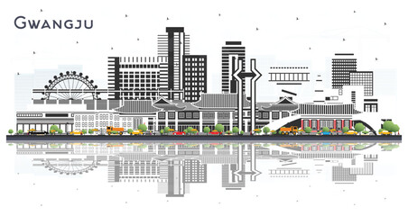 Obraz premium Gwangju South Korea City Skyline with Color Buildings Isolated on White. Illustration. Business Travel and Tourism Concept with Historic and Modern Architecture. Gwangju Cityscape with Landmarks.