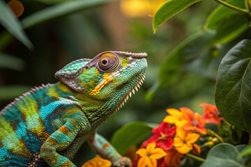 Obraz premium This close-up features a multicolored chameleon with its characteristic independently moving eyes, situated on a branch within a leafy, tropical setting