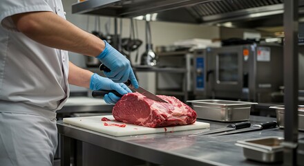 Chef expertly carving a prime rib roast in a professional kitchen