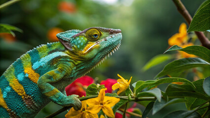 Obraz premium Perched on a branch in a tropical setting, a chameleon displays its remarkable multicolored skin and independently moving eyes.