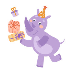 Cute colorful birthday rhino. Animal character. Hand-drawn vector illustration in flat style.