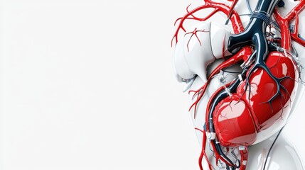 A detailed anatomical illustration showcases the human heart and circulatory system with arteries and veins depicted against a clean, white background creating copy space.