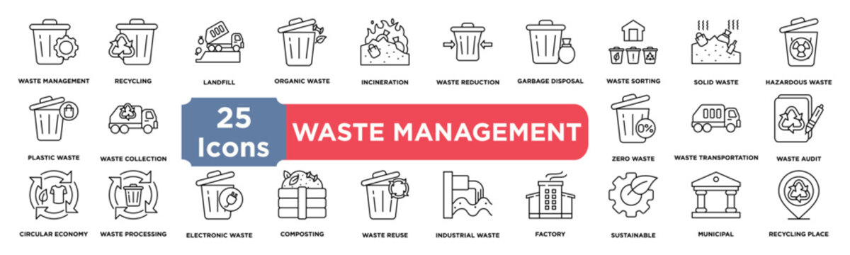 waste management  icon collection set. Containing waste management,recycling,landfill,composting,incineration,waste reduction,garbage disposal,waste sorting,solid waste icon. Simple line vector.