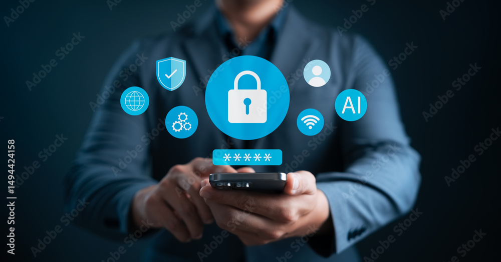 Wall mural cybersecurity concept with businessman using smartphone and virtual padlock icon, representing data 