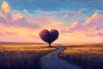 A Serene Path to Love: Heart-Shaped Tree Amidst Golden Fields at Sunset