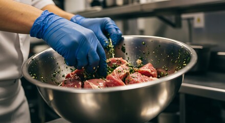 Chef Preparing Delicious Tuna Steaks with Fresh Herbs in a Stainless Steel Bowl
