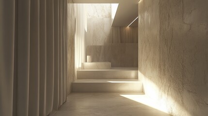 Obraz premium Interior staircase bathed in sunlight, minimal design. Soft tones, marble steps, curtain detail
