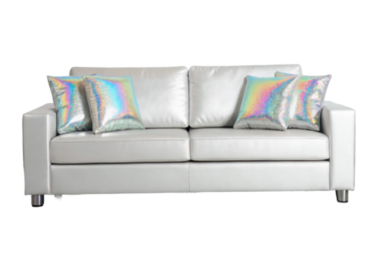 PNG Modern white sofa with iridescent pillows