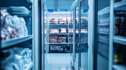  Frozen storage warehouse with various items stored, including meat, fish, and ice cream. 