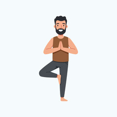 Vector art of Man practicing tree pose isolated on white background