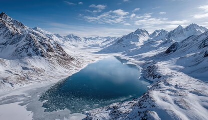 Frozen lake nestled in snowy mountains