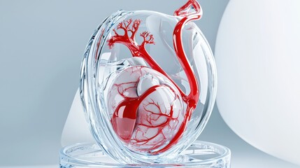A detailed glass structure encapsulates a stylized heart with bright red veins, sitting on a petri dish against a soft gradient background in a conceptual art piece.