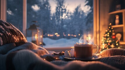 Cozy winter evening with hot chocolate by window with focus on warmth and comfort for relaxing moments and seasonal tranquility concept.