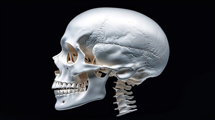 Obraz premium An anatomical model of a human skull showcasing the intricate bone structure and detail against a dark background provides educational insights into anatomy.
